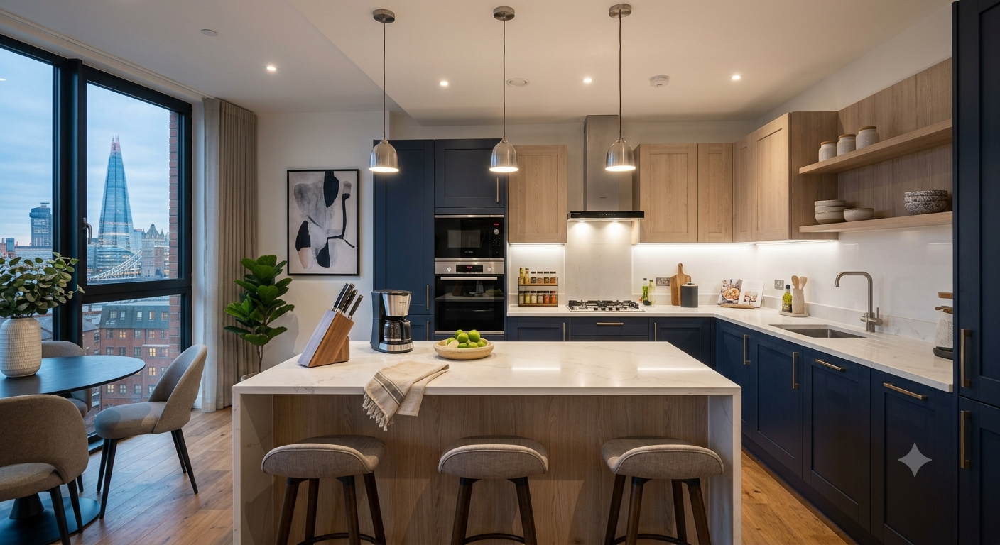 Kitchen - Navy shaker kitchen with marble island and integrated appliances